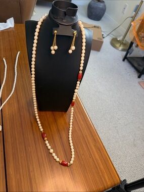 Cream Pearl Long Necklace with Red Accents and Matching Earrings